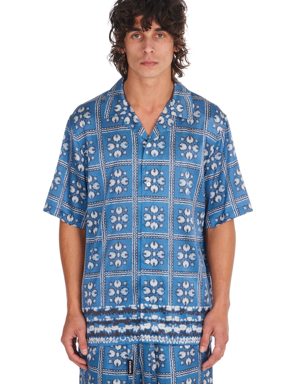 Nahmias Blue Tiled Silk Shirt Men's Size XL